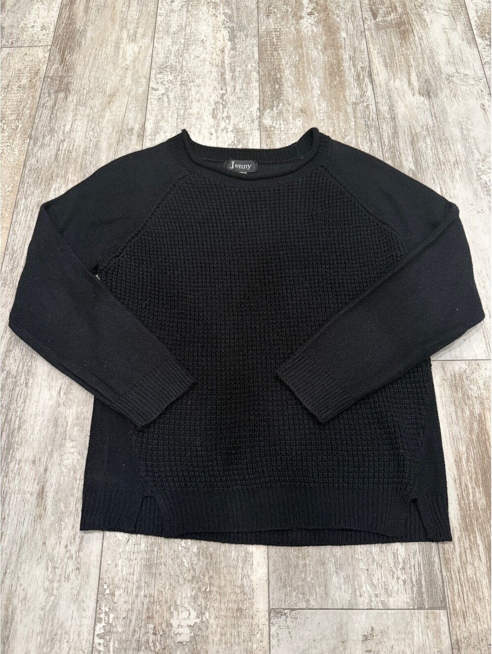 Jenny Women L Black Waffle Knit Sweater Minimalist Cozy